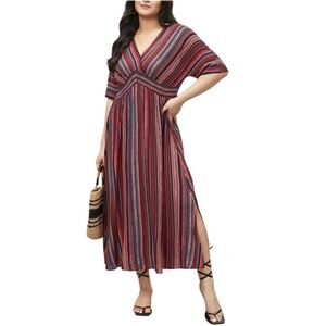 Bloomchic Women's Red Striped V Neck Short Sleeve Rayon Midi Dress Size 10 new
